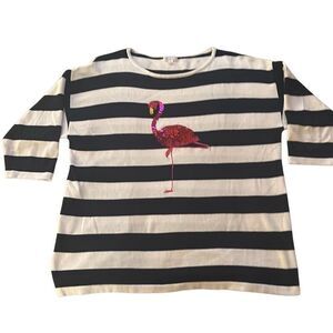 Cabana Cay Black White Striped Sequin Embellished Flamingo Sweater Top Ladies XL